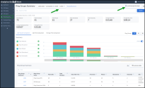 The Ring Groups Summary dashboard showing date and time filters, tenant selection, call performance metrics, bar charts comparing call volumes, and a detailed ring group summary table